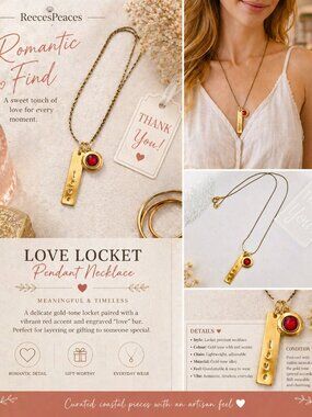 Gold Tone Love Locket Necklace Red Crystal Romantic Pendant